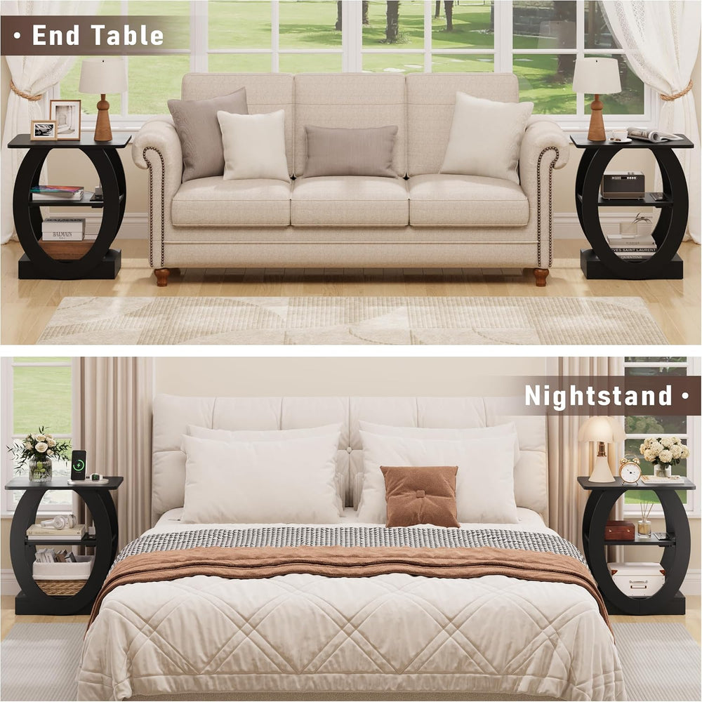 End Table Set of 2 with Charging Station, Black Side Table with USB Ports and...