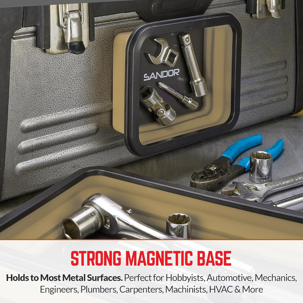 Collapsible Magnetic Parts Tray Set - 3 Different Size Tool Trays for Screw, Bolts, Nuts, Washers, Pins and Other Small Metal Parts, Mechanic Tool Gifts for Men - Khaki