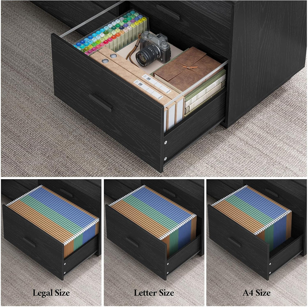 70.3 in L Shaped Executive Desk with Power Outlets, Large Home Office Desk with Storage Drawers & File Cabinet, Modern Computer Desk with Shelves, Black Business Furniture, Square Metal Legs, Black