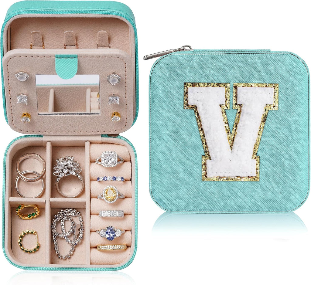 Parima Women's Jewelry Organizer | Necklace, Earring, Ring Holder | Aqua Blue Travel Gift - Letter V