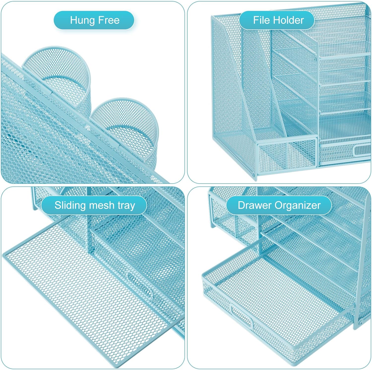 Marbrasse Desk Organizer with File Holder, 5-Tier Paper Letter Tray Organizer with Drawer and 2 Pen Holder, Mesh Desktop Organizer and Storage with Magazine Holder for Office Supplies(Blue)