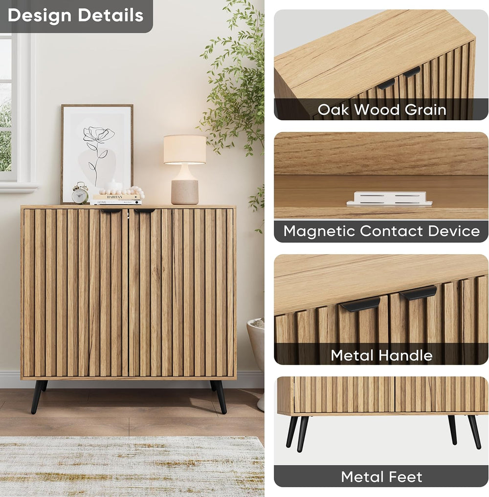 Smuxee Fluted Sideboard Cabinet, Freestanding Natural Buffet Cabinet with Adj...