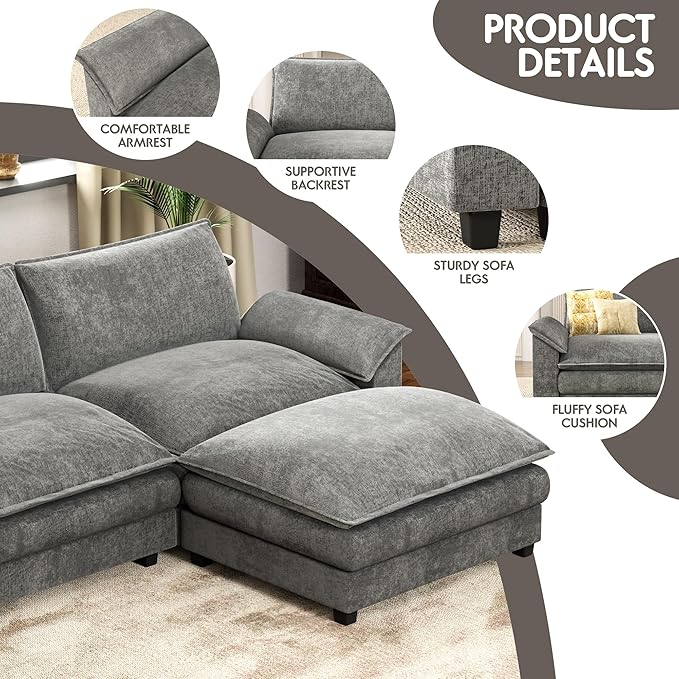 Homall 119" Modular Sectional Sofa, L Shaped Sofa Couch with Reversible Ottoman, DIY Combination Chenille Deep 3-Seat Cloud Couch for Living Room, Apartment (Light Grey, L Shaped Sofa)