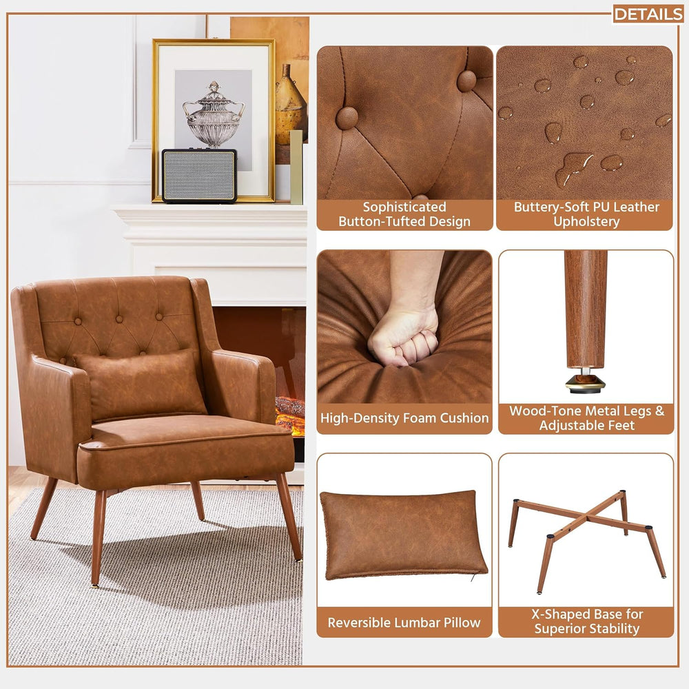Yaheetech Accent Chair, Mid-Century Modern Armchair, Retro Brown | Faux Leath...