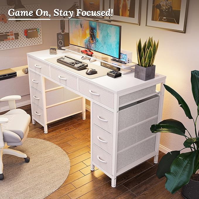 PRAISUN 47 Inch Office Desk with Outlets, Computer Desk with 9 Fabric Drawers, Writing Gaming Work Study Desk for Bedroom, Living Room, Home Office, Large Storage, White