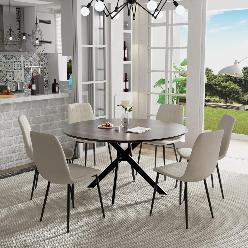 5 Piece Circle Dining Table Set for 6, 47 Inch Wood Dining Table & Cream ...