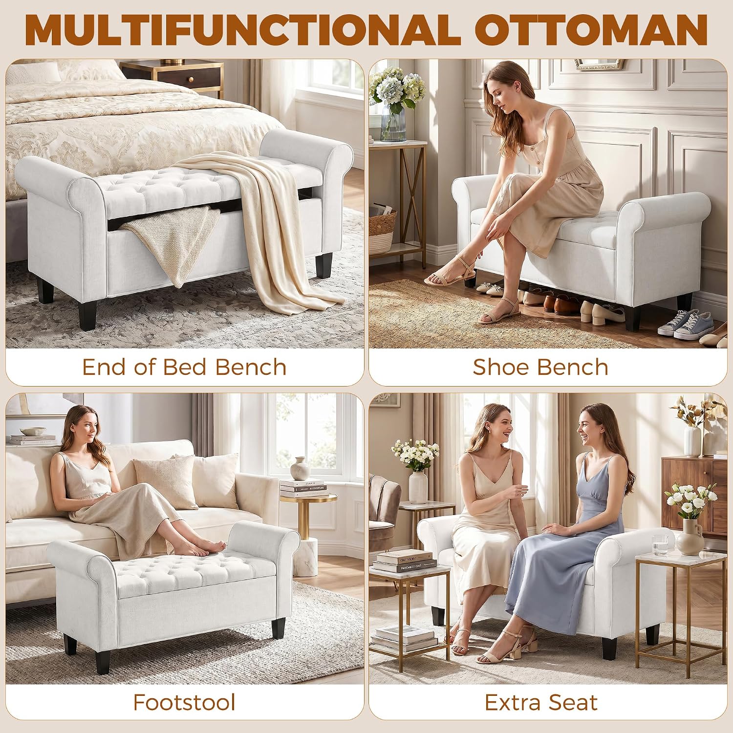 HOMCOM 47" Storage Ottoman End of Bed Bench with Rolled Arms Cream White | Long Ottoman with Storage Chest, Safety Hinge, Wooden Legs, Upholstered End of Bed Bench, Bedroom Entryway Living Room