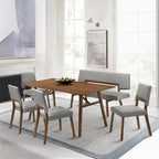 Armen Living Channell Mid Century Modern 6 Piece Walnut Wood Dining Table Set with Bench in Charcoal Fabric