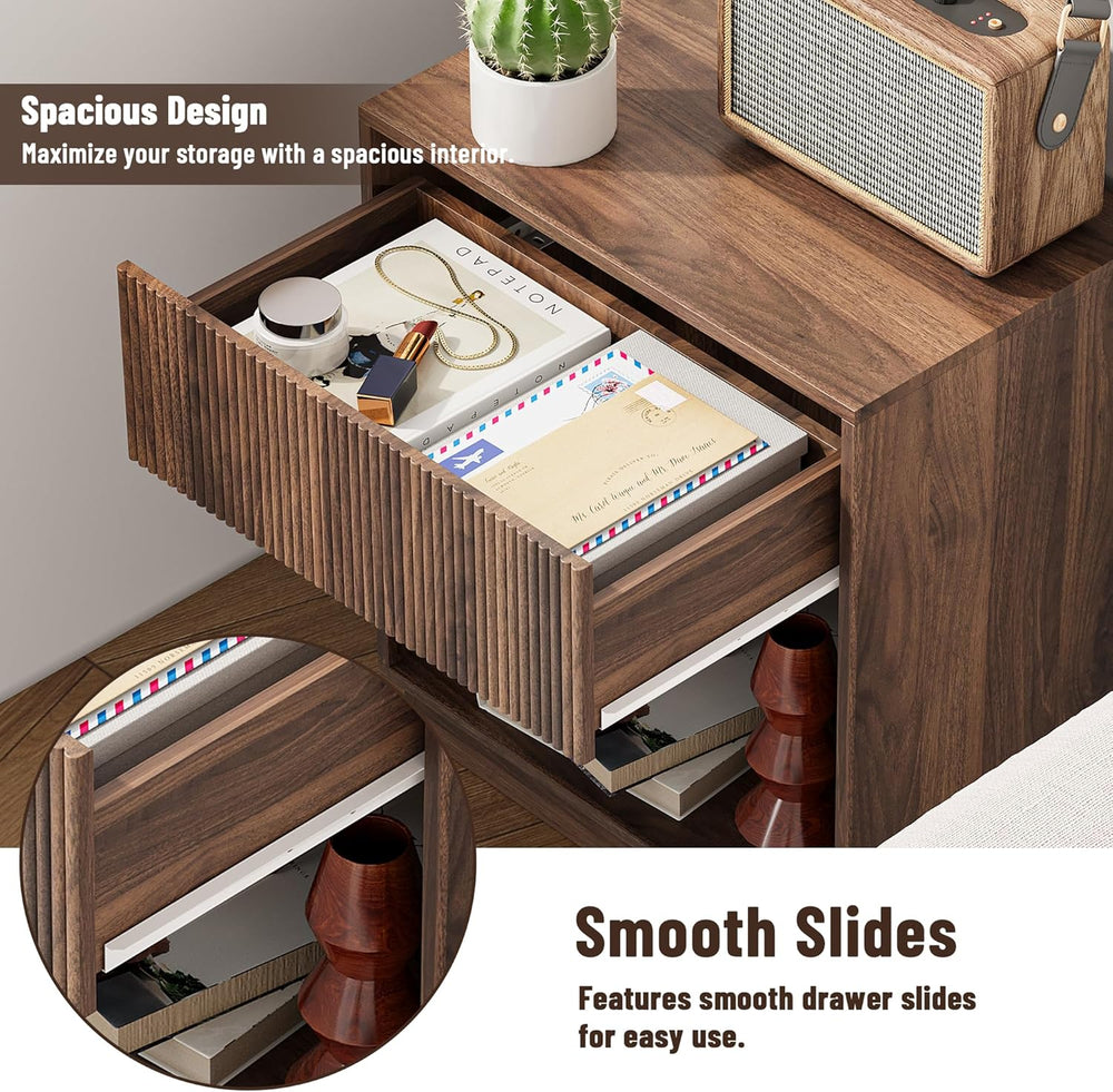Fluted Nightstands Set of 2, Modern Bedside Table with Storage Drawer and Ope...