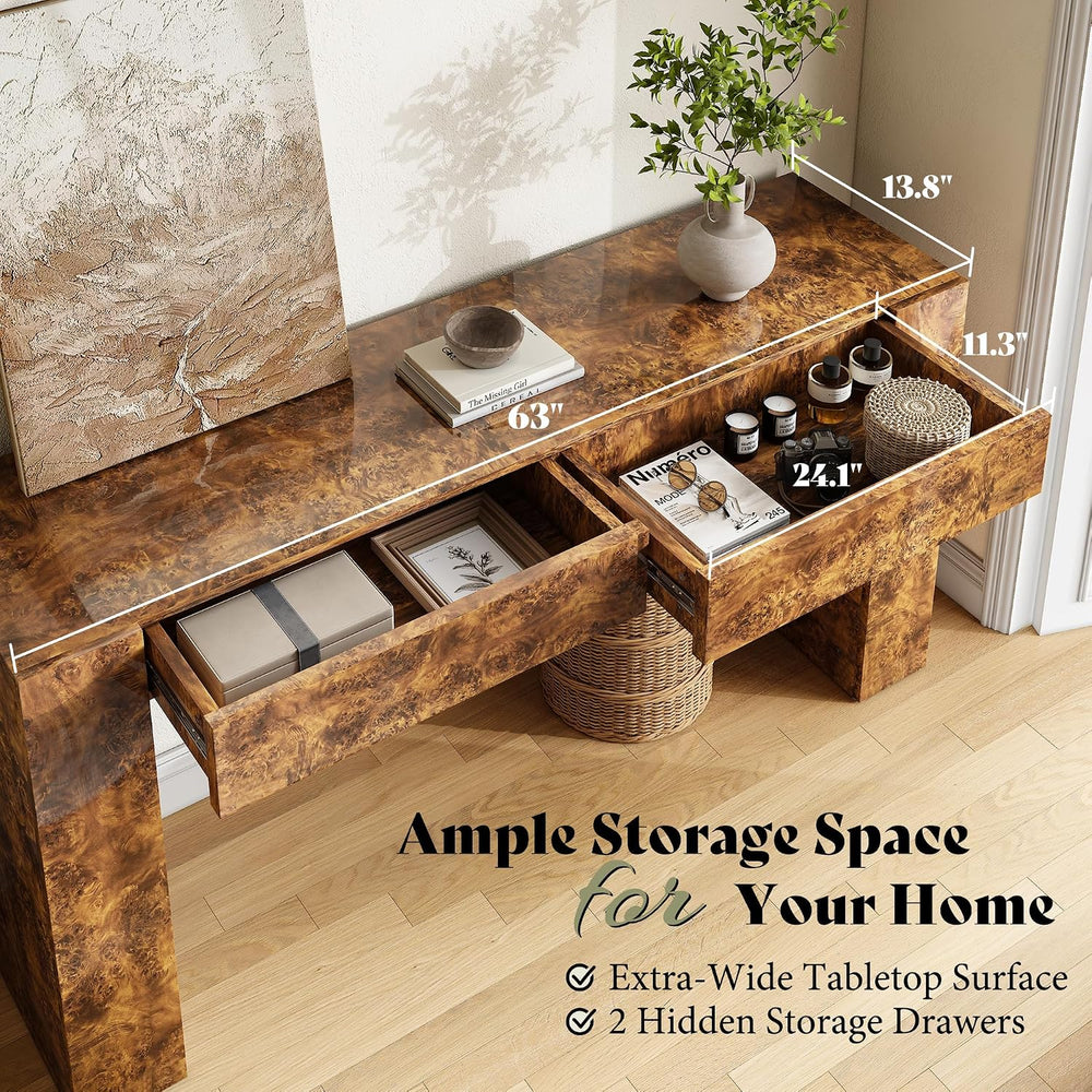 AMERLIFE 63" Modern Burl Wood Console Table with High Gloss Finish | Ent...
