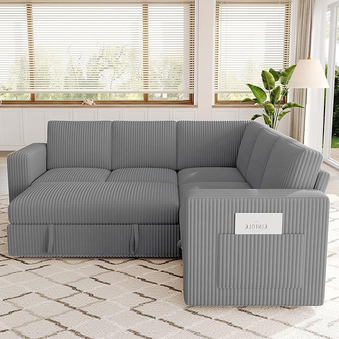 83.5" Sectional Sleeper Sofa with Pull Out Couch, Modern 5 Seat L Shaped Modular Couch, Sectionals Modular Sofa with Storage, Comfy Corduroy Couches Sectional for Living Room & Apartment, Gray