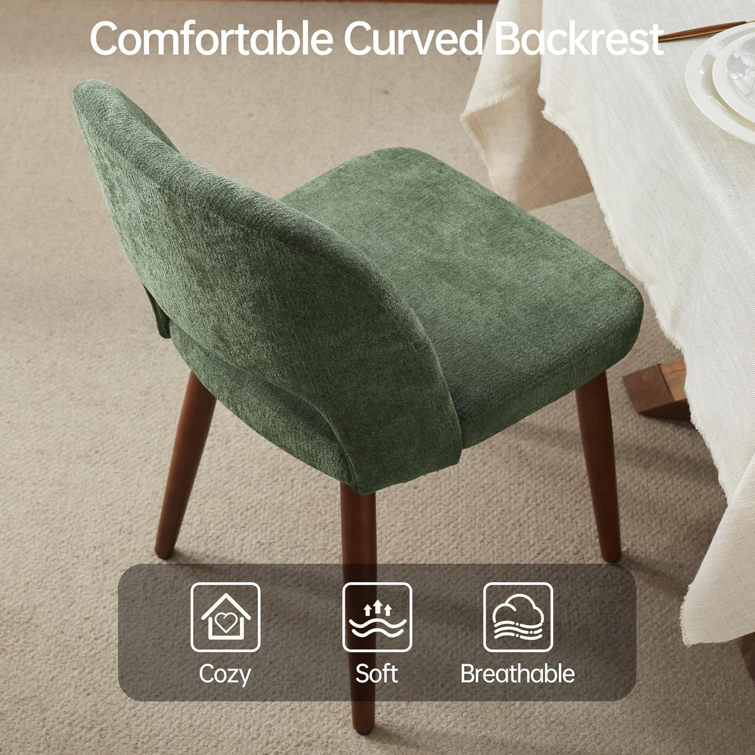Usaint Wooden Dining Chairs Set of 4, 19.3" Modern Fabric Upholstered Dining Room Chair with Ergonomic Curved Backrest for Kitchen Dining Room and Restaurant, Green
