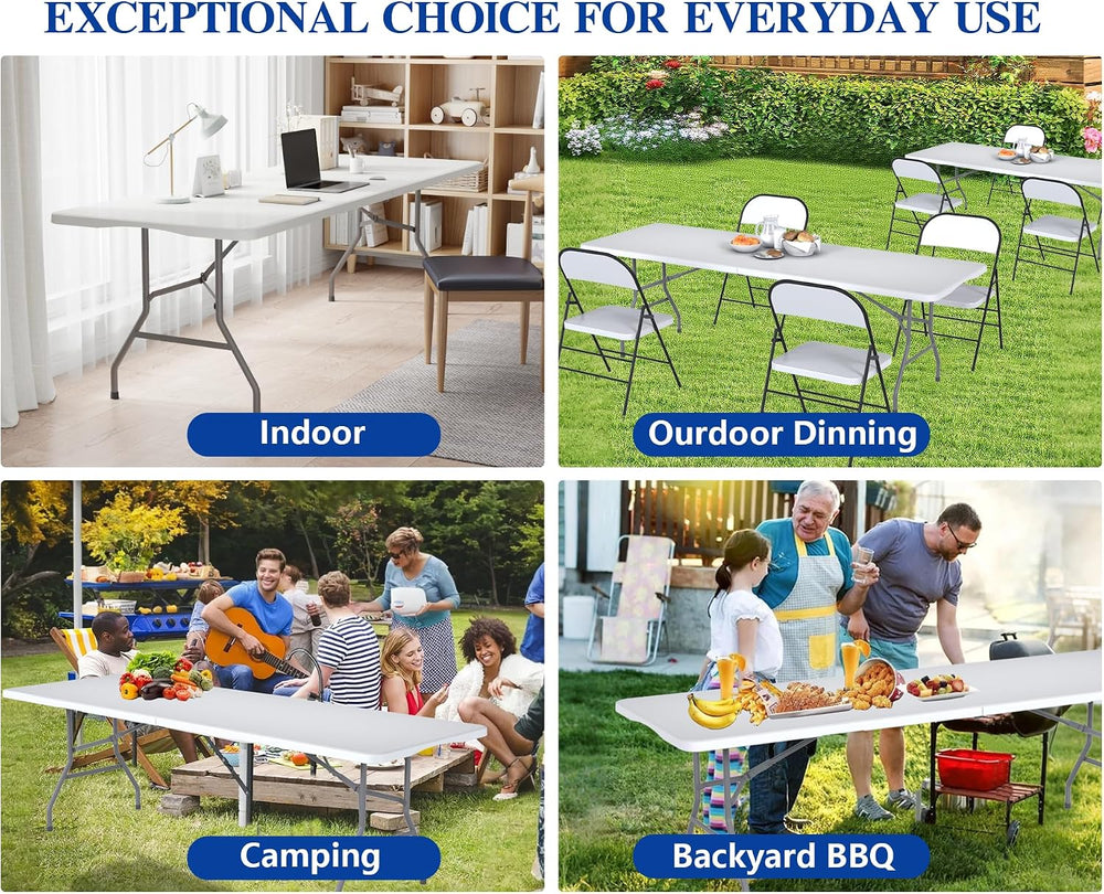 8FT Folding Tables – Heavy Duty Portable Foldable Picnic Table with Built-in ...