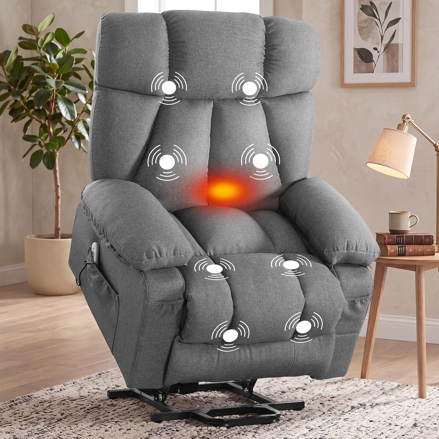jonpony Power Lift Recliner Chair for Elderly, Big and Tall Lift Chair with Massage and Heat for Living Room, Fabric Electric Recliner Chairs with Side Pocket, USB Charge Port Grey