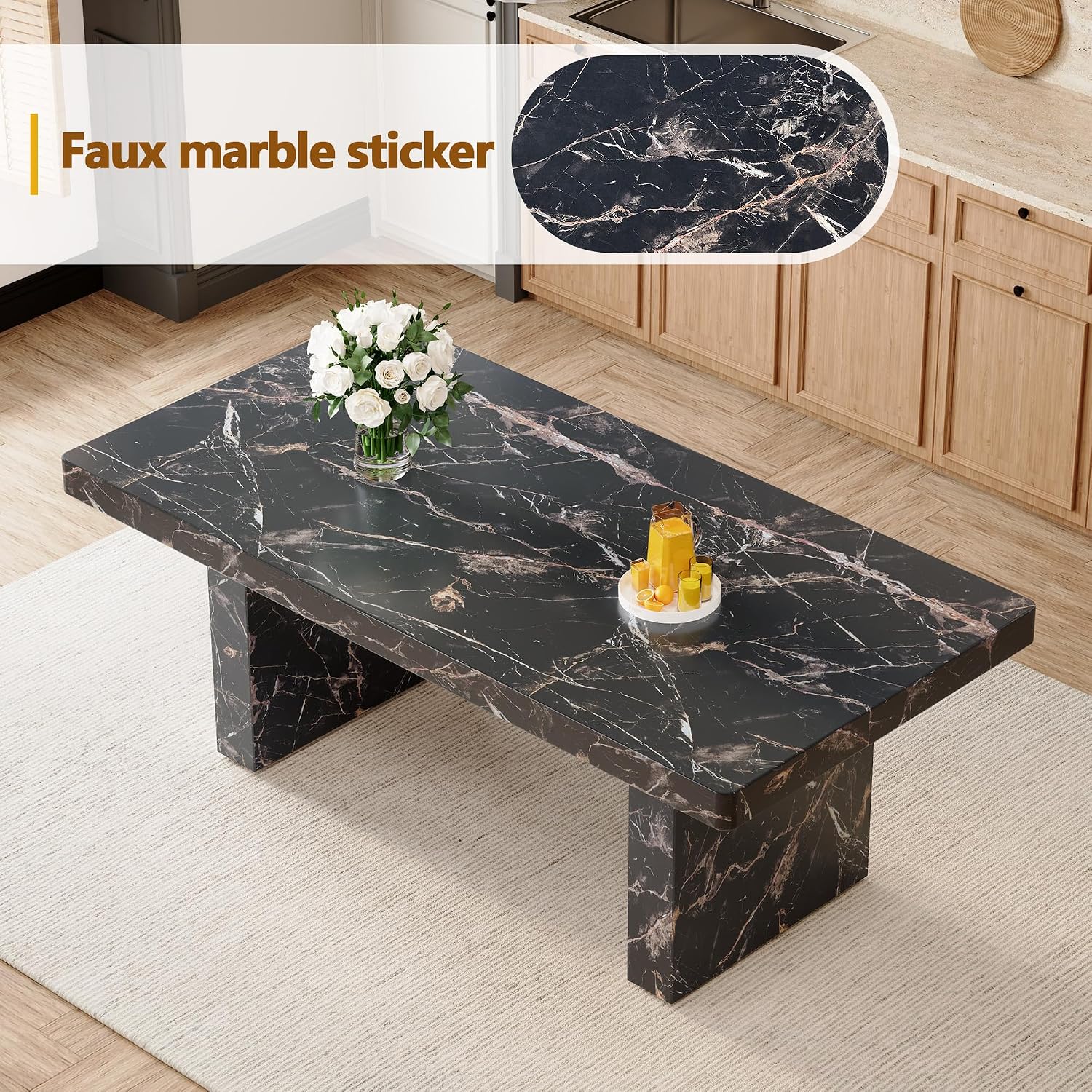 gopop Marble Dining Table Set 79" ｜Modern Dining Table Set with 6 Linen Chairs｜Engineered Wood with Marble Pattern Tabletop｜Widened and Stable Tablelegs｜Easy Assembly