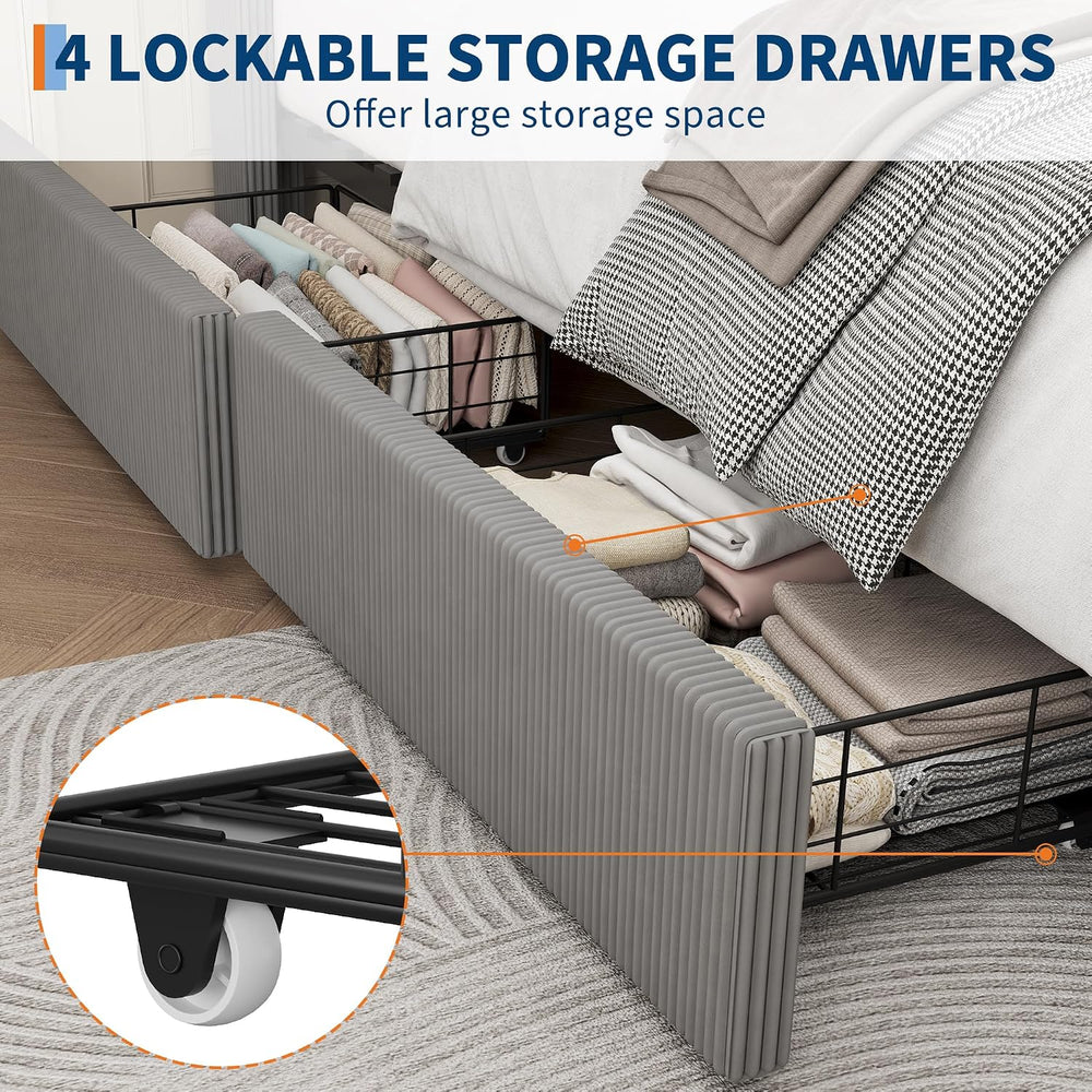 King Bed Frame with 4 Storage Drawers, Corduroy Upholstered Platform Bed