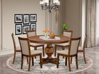 F3MZ7-50N-04 7-Pc Kitchen Table Set Includes a Pedestal Table and 6 Light Tan Polyester Dining Room Chairs with Padded Back - Antique Walnut