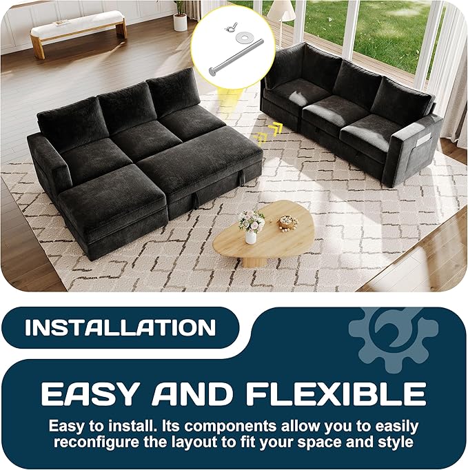 106.7" Sectional Sleeper Sofa with Pull Out Couch, Modern 7 Seat U Shaped Modular Couch, Sectionals Modular Sofa with Storage, Comfy Sectional Couches for Living Room & Apartment, Black