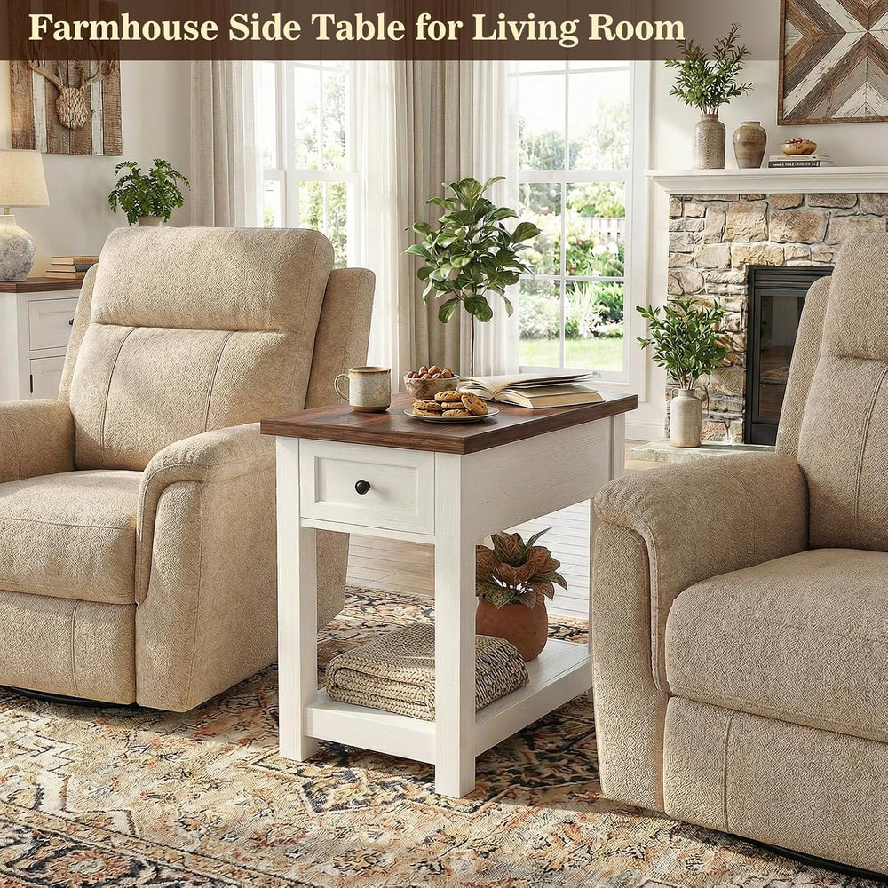 Narrow End Table with Charging Station - Farmhouse Side Table with Drawer, 14...
