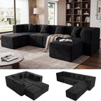 MONVANE U Shaped Boneless Sectional Couch Oversized, Chenille, Black | 6-Seat Sectional Couch for Living Room, Modular Cloud Sofa with Ottoman & 6 Throw Pillows, No Assembly Required