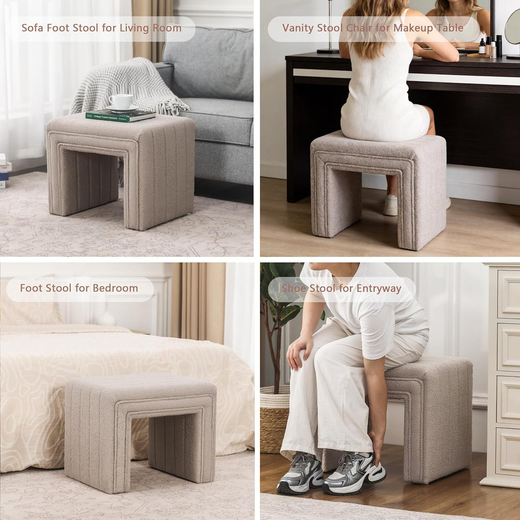 Modern Boucle Ottoman, Upholstered Arch Footstool Extra Seat for Makeup Room, Living Room & Entryway, Fully Assembled Vanity Stool – Camel Brown