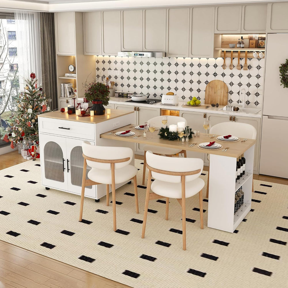 80" Kitchen Island with Extendable Dining Table, Marble-Grain Countertop...