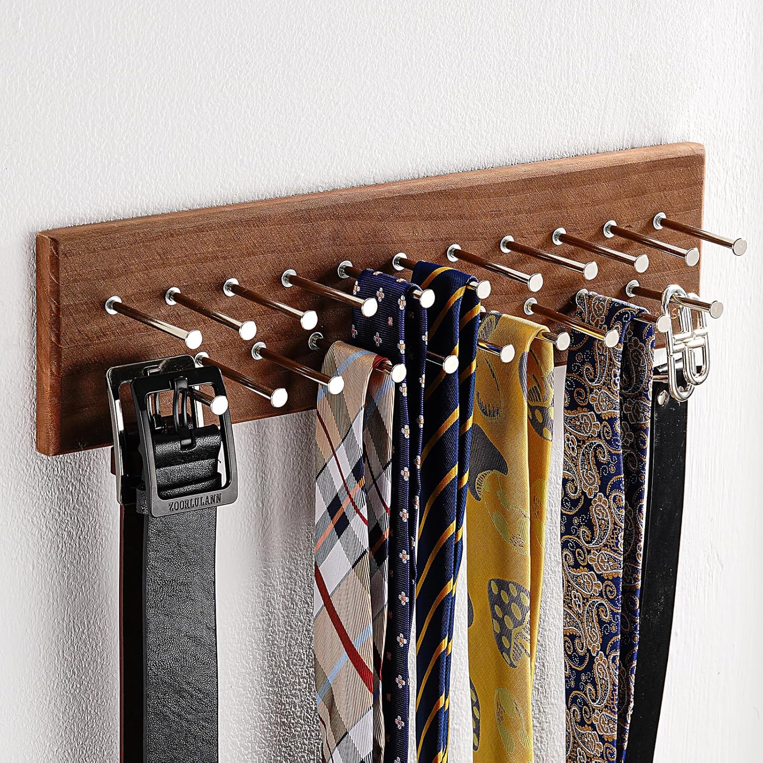 TreeHouse London Tie Rack Organizer – Holds 40 Large Ties – Solid Wood & Sturdy Metal Storage Holder for Closet – Wall Mounted Tie Display Hanger for Wall, Bedroom - (Walnut Tie Rack) 16" L X 4.25" H