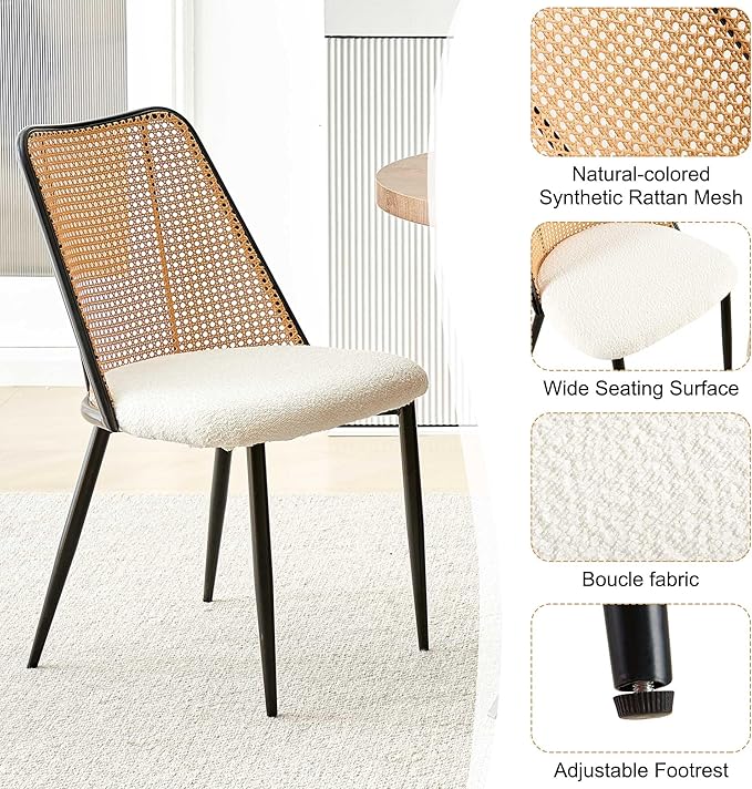 Rattan Dining Chairs Set of 4, Modern Mid Century Dining Chairs Upholstered Kitchen Chairs Boucle Stylish Cane Chairs with Metal Legs for Apartment, Dining Room