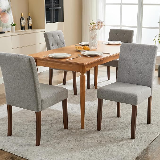 Upholstered Dining Chairs Set of 6, Button Tufted Parsons Chairs with Wood Legs and Padded Seat, Modern Fabric Side Chairs for Dining Room Kitchen Farmhouse Hotel, Gray