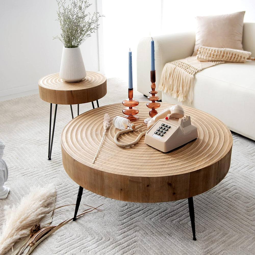 2-Piece Boho Farmhouse Nesting Table with Handcrafted Wood Ring Motif, Round ...