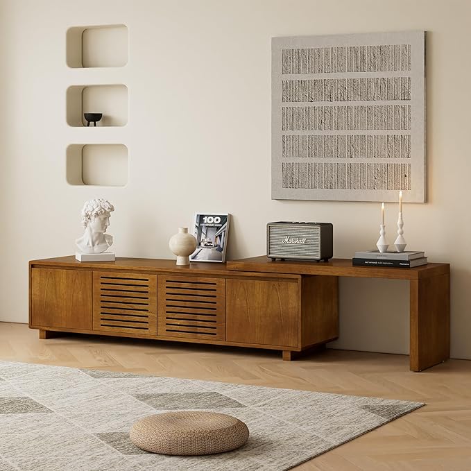 Ball & Cast 63" Mid-Century Modern Extendable TV Stand TVs up to 75", Expandable Media Console with Slatted Doors & Concealed Storage, Wood Grain Entertainment Center for Living Room,Brown Ebony