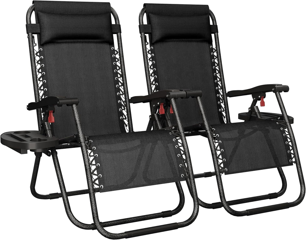 Yaheetech 26" Zero Gravity Recliners Adjustable Set of 2, New Black | Outdoor Folding Reclining Lounge Chairs w/Pillows, Cup Holder Trays and Carry Strap for Camping, Backyard, Beach, Indoor