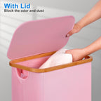 efluky Slim Laundry Basket with Lid, Narrow Laundry Hamper with Removable Bag, Skinny Dirty Clothes Basket with Bamboo Handles for Bathroom, Bedroom & Laundry Room, 75L Pink