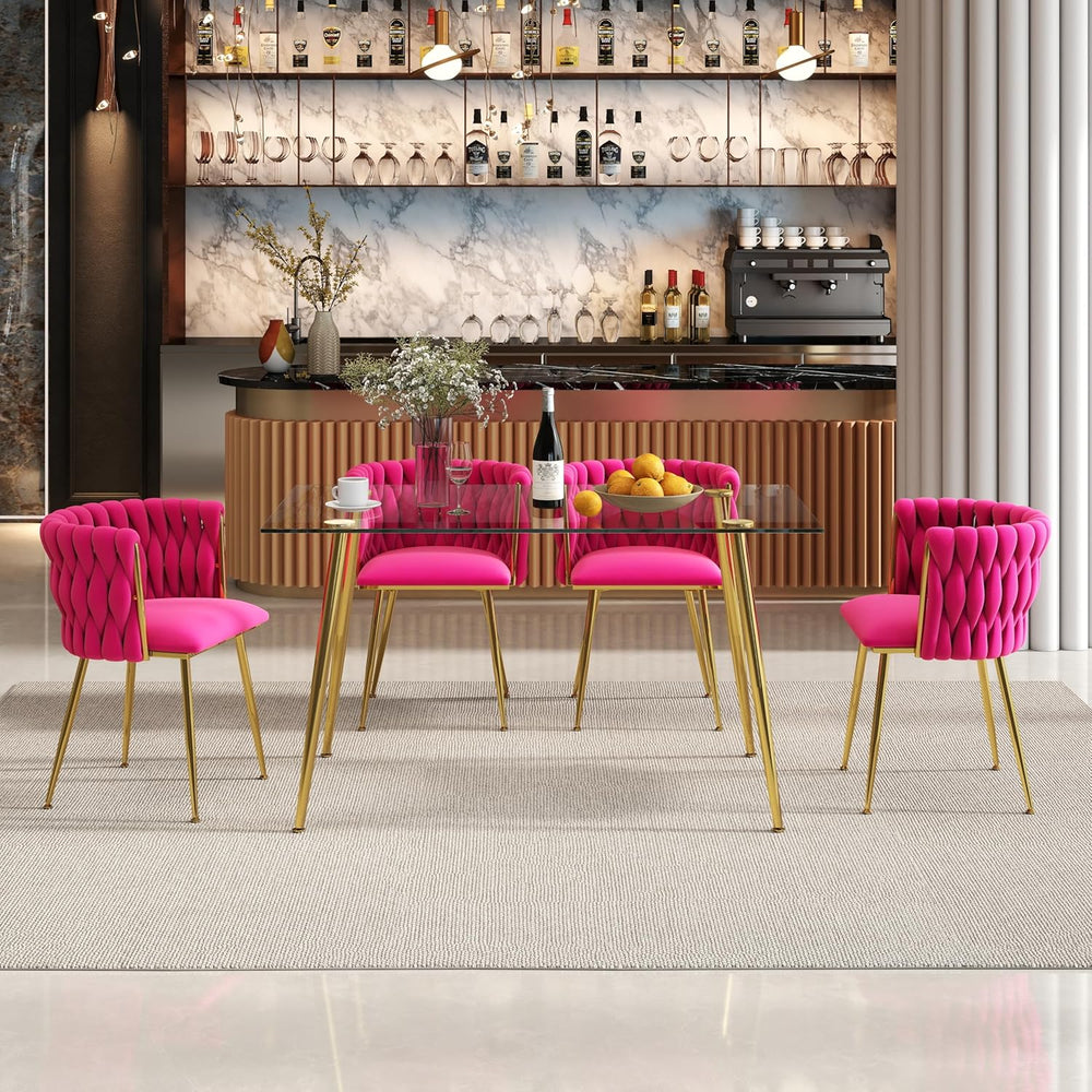 Baysitone 51" Modern Glass Dining Table with 4 Hot Pink Velvet Dining Ch...