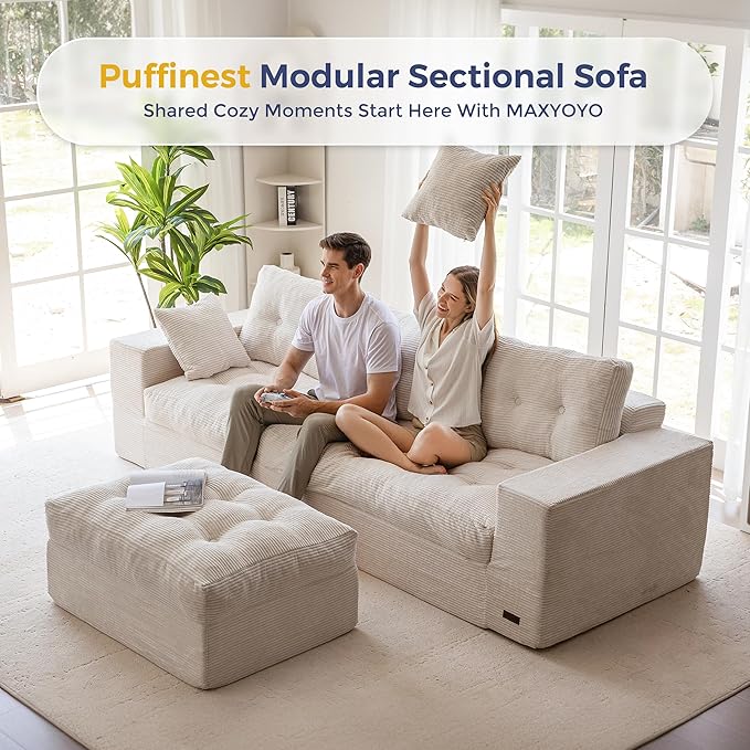 MAXYOYO 104" L Shaped Modular Sectional Sofa with Ottoman, Cloud Boneless Couch with Layered Cushion, Upholstered Sofa in a Box, Flexible Module Combination for Living Room, No Assembly, Beige