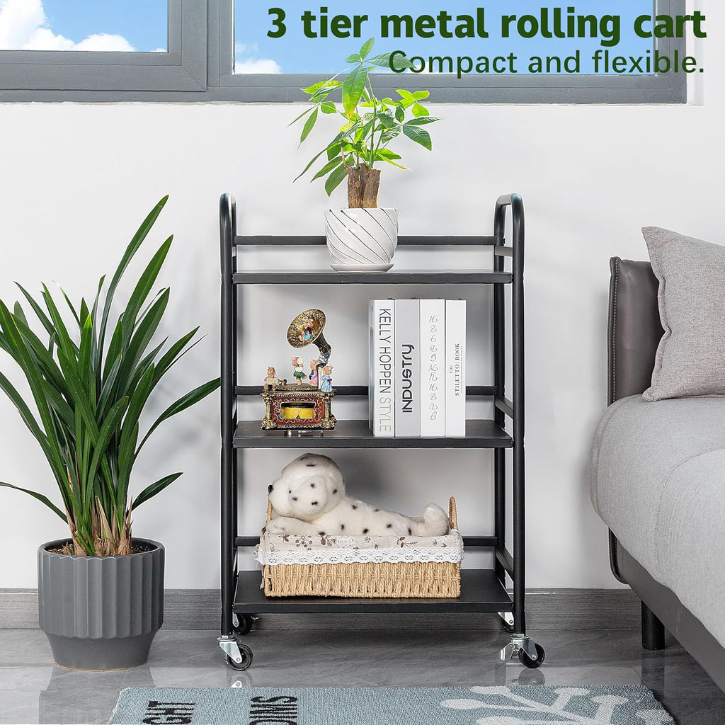 HDANI 3 Tier Rolling Cart Shelves,Heavy Duty Multifunctional Metal Frame-Supports 22 Lbs Per Tier,Rolling Cart with 2 Lockable Wheels for Home,Office,Kitchen,Bathroom,Bedroom,Black