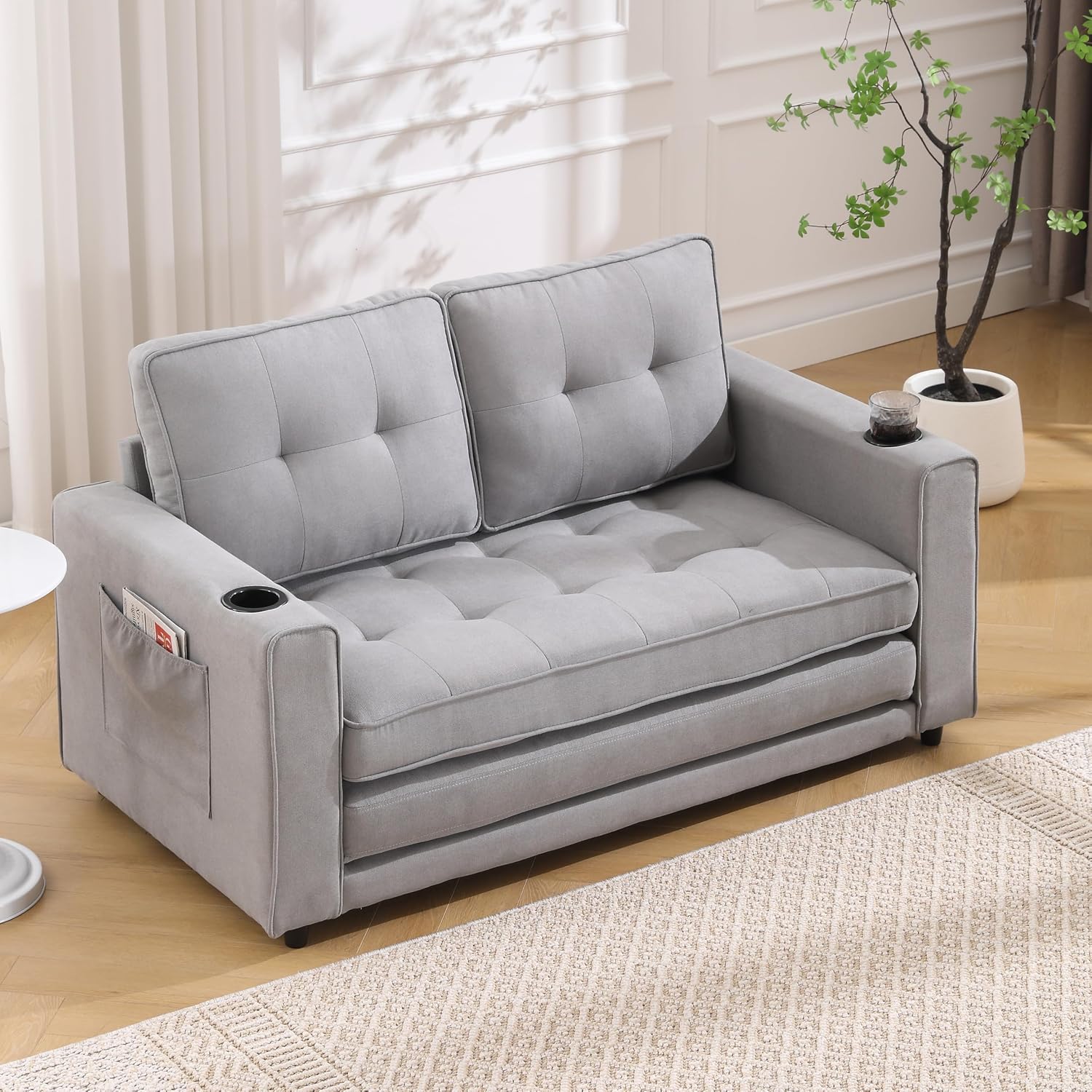Convertible Sofa Bed, Folding Loveseat Sleeper Sofa Bed with Pillows,Fold Out Floor Couch with Cup Holder, Fabric Pull Out Sleeper Couch Bed for Living Room, Bedroom Lounge, Light Gary