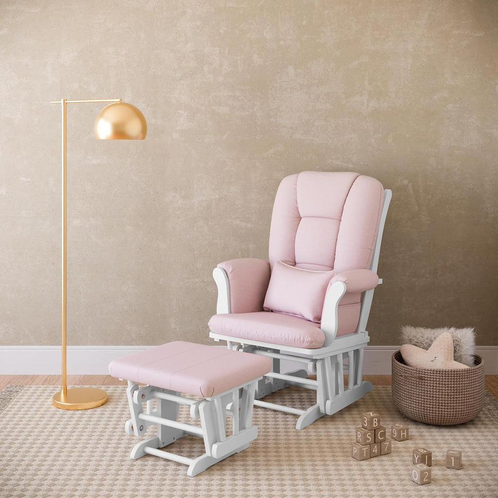 Storkcraft Tuscany Custom Glider and Ottoman with Free Lumbar Pillow (White/Pink Blush Swirl) - Cleanable Upholstered Comfort Rocking Nursery Chair with Ottoman