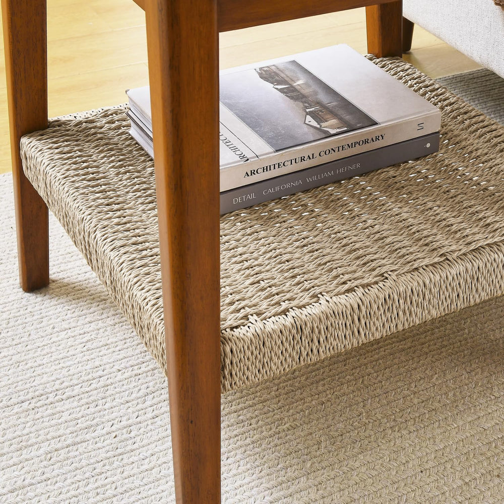 Geelife 23" Mid-Century Side Table with Woven Shelf, Boho Side Table wit...