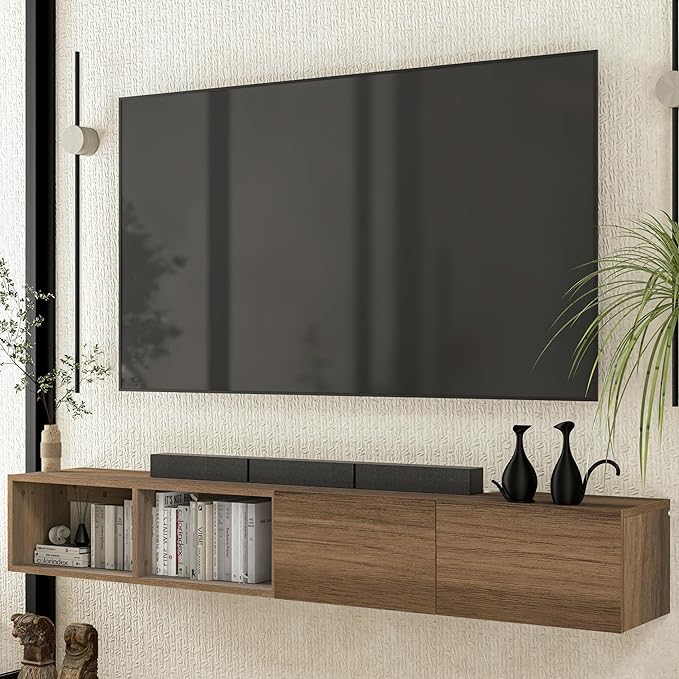 Atelier Mobili Floating TV Stand - Wall Mounted TV Stand for 75 Inch TV - Floating TV Shelf - Modern TV Stands for Living Room - Sleek Entertainment Center Design (Walnut, 2 Doors 2 Shelves)