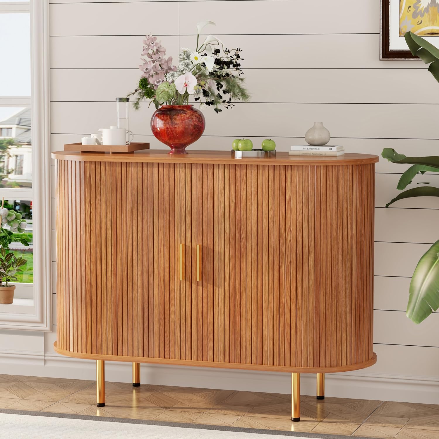 DHH Sideboard Buffet Cabinet with Storage,Mid Century Modern Fluted Accent Coffee Bar Console Table,Tambour Sliding Doors& Adjustable Shelf for Kitchen, Living Room, Entryway (Yellow walnut40 Inch)