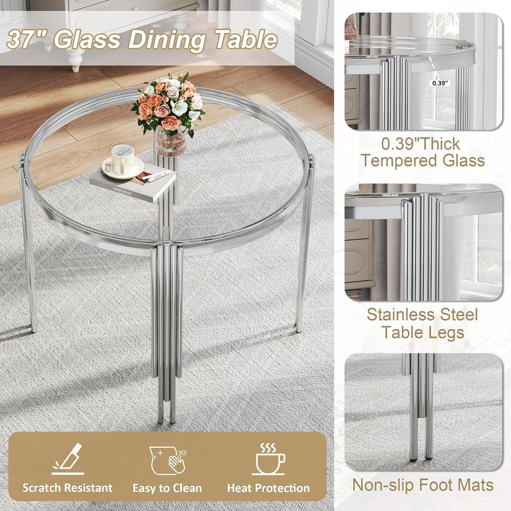 Luxury Round Glass Silver Dining Table Set for 4, 5-Piece Modern Kitchen Tabl...