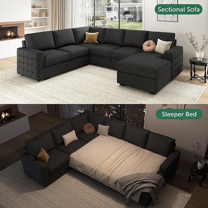HONBAY Sectional Sleeper Sofa with Pull-Out Bed Storage Chaise, 6 Seater Couch for Living Room, Dark Grey