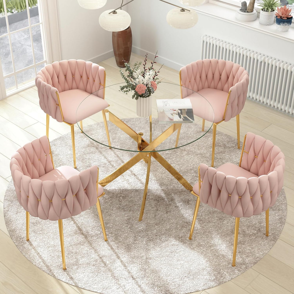 Gold Luxury Round Glass Dining Table Set for 2, 3 Pcs Clear Circle Glass Top ...