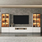 126" White Modern Entertainment Center for 65/70/75/80/85 inch TV, Included TV Stand and Two Glass Display China Cabinet, 3-Piece Lighted Media Console for Living Room (ABA-126 Cabinets Set)