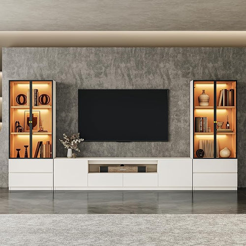 126" White Modern Entertainment Center for 65/70/75/80/85 inch TV, Included TV Stand and Two Glass Display China Cabinet, 3-Piece Lighted Media Console for Living Room (ABA-126 Cabinets Set)