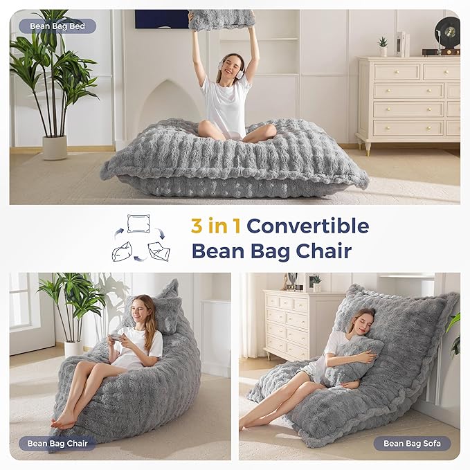 MAXYOYO Giant Bean Bag Chair with Pillow, 3 in 1 Convertible Bean Bag Chair for Adults with Removable Cover, Floor Cushion Stuffed Floor Lounger for Living Room Bedroom, Bubble Grey