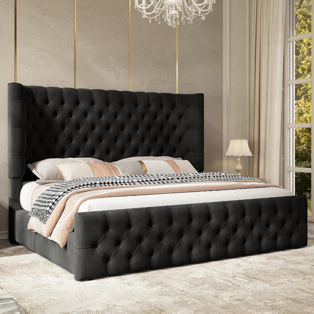 Jocisland King Bed Frame Upholstered Wingback Headboard & Footboard,Black