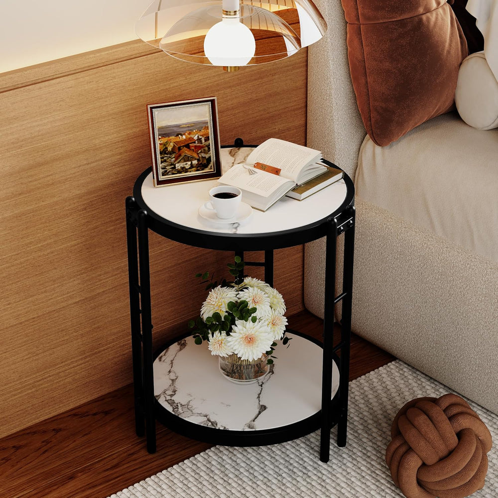 Alunaune Industrial End Table, 2-Tier Round Side Table, Small Modern Storage ...