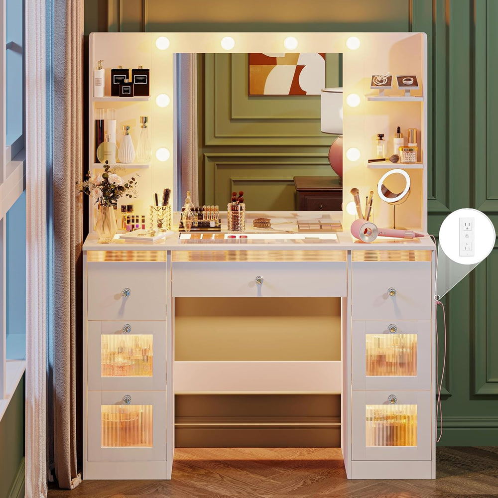 Makeup Vanity with 3-Color Lighted Mirror, Glass Top Makeup Desk with 7 Drawe...